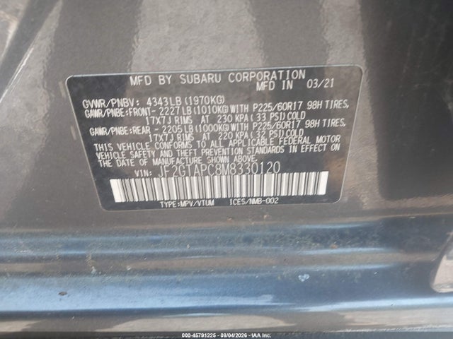 Aukcja sprzedaży 2021 Subaru Crosstrek Premium, vin: JF2GTAPC8M8330120, numer aukcji: 45791225
