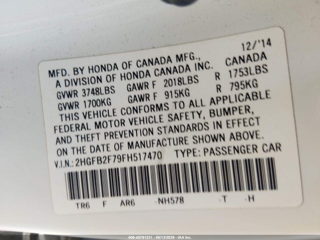 Honda CIVIC SE 2015 2HGFB2F79FH517470 Image 9