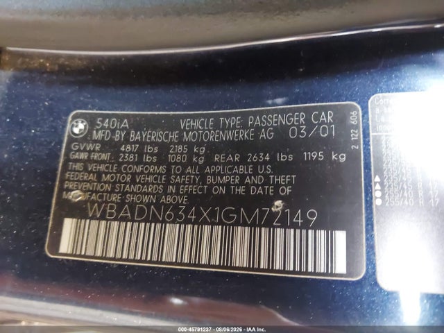 Продажа на аукционе авто 2001 Bmw 540ia, vin: WBADN634X1GM72149, номер лота: 45791237
