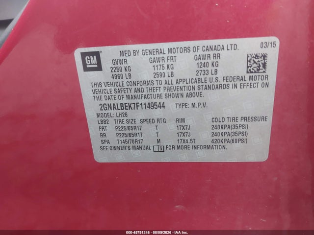 Chevrolet EQUINOX LT 2015 2GNALBEK7F1149544 Image 9