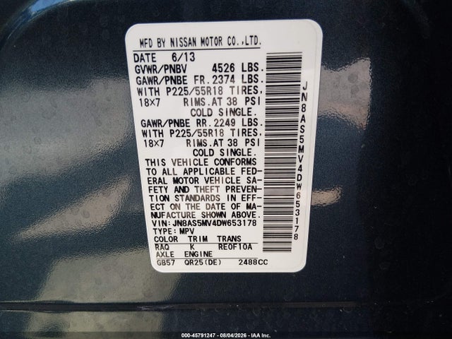 2013 Nissan Rogue Sv W/sl Pkg მანქანა იყიდება აუქციონზე, vin: JN8AS5MV4DW653178, აუქციონის ნომერი: 45791247