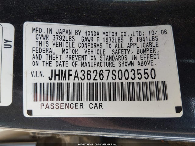 Aukcja sprzedaży 2007 Honda Civic Hybrid, vin: JHMFA36267S003550, numer aukcji: 45791249