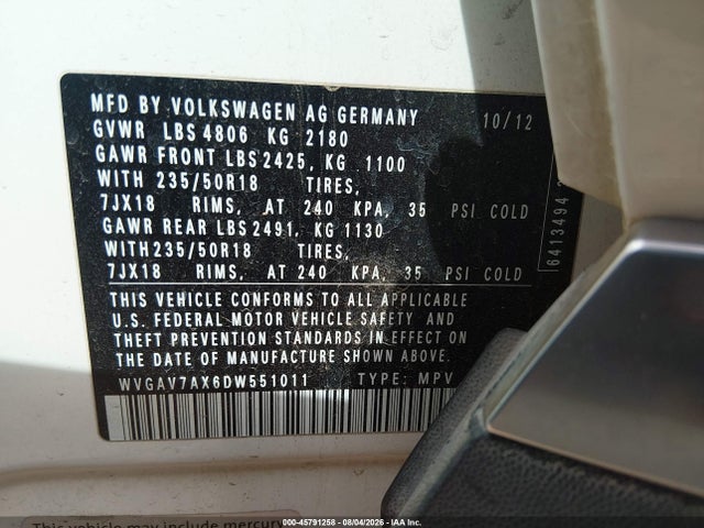 2013 Volkswagen Tiguan Se მანქანა იყიდება აუქციონზე, vin: WVGAV7AX6DW551011, აუქციონის ნომერი: 45791258