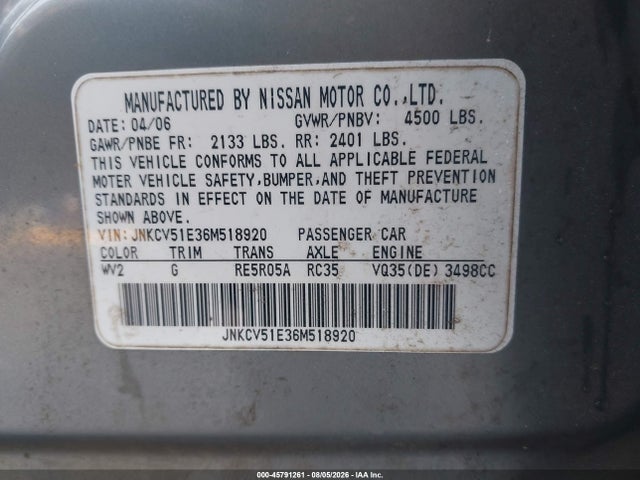 Aukcja sprzedaży 2006 Infiniti G35, vin: JNKCV51E36M518920, numer aukcji: 45791261