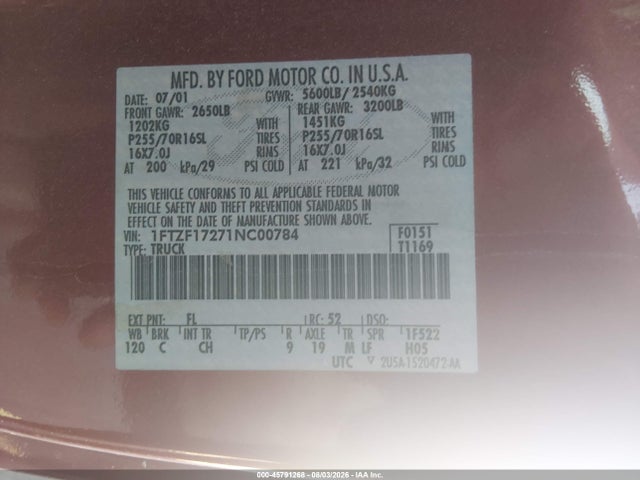45791268 :رقم المزاد ، 1FTZF17271NC00784 vin ، 2001 Ford F-150 Xl/xlt مزاد بيع