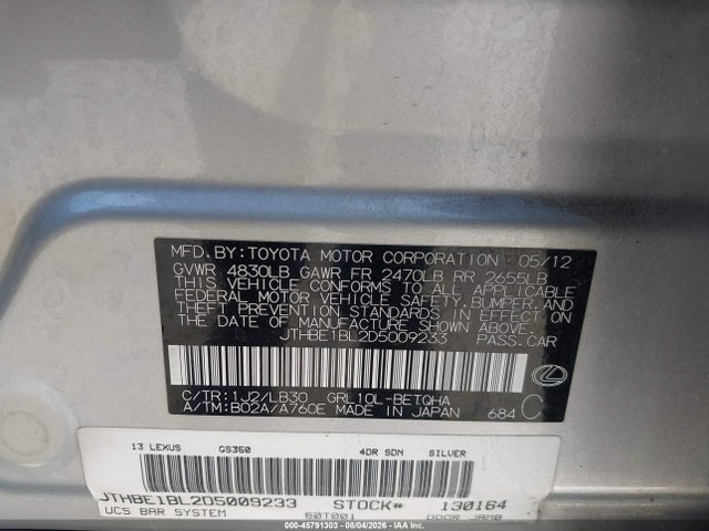 2013 Lexus Gs 350 მანქანა იყიდება აუქციონზე, vin: JTHBE1BL2D5009233, აუქციონის ნომერი: 45791303
