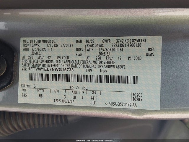 Продаж на аукціоні авто 2022 Ford F-150 Lightning Lariat, vin: 1FTVW1EL7NWG16733, номер лоту: 45791308