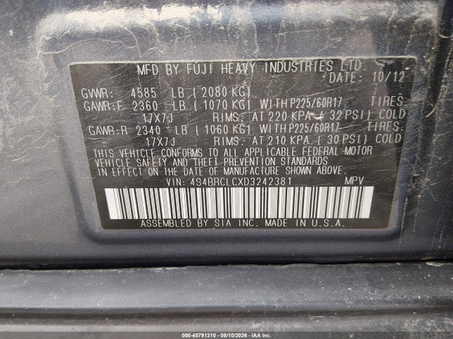 45791310 :رقم المزاد ، 4S4BRCLCXD3242381 vin ، 2013 Subaru Outback 2.5i Limited مزاد بيع