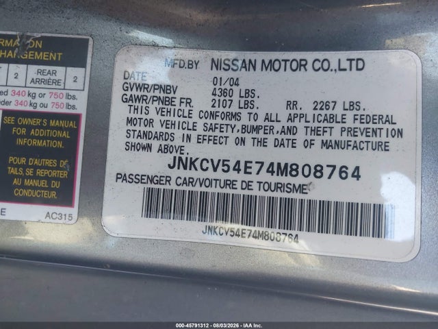45791312 :رقم المزاد ، JNKCV54E74M808764 vin ، 2004 Infiniti G35 مزاد بيع