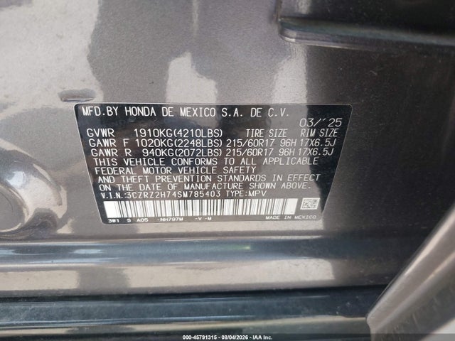 Продажа на аукционе авто 2025 Honda Hr-v Awd Ex-l, vin: 3CZRZ2H74SM785403, номер лота: 45791315