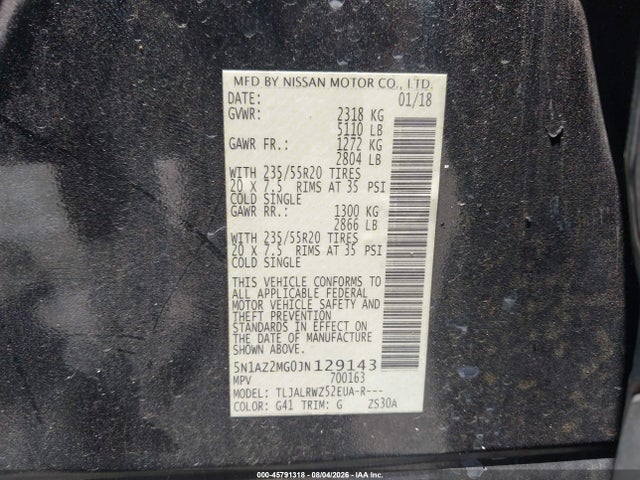45791318 :رقم المزاد ، 5N1AZ2MG0JN129143 vin ، 2018 Nissan Murano Sl مزاد بيع