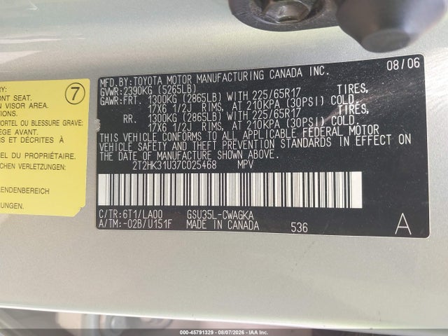 45791329 :رقم المزاد ، 2T2HK31U37C025468 vin ، 2007 Lexus Rx 350 مزاد بيع