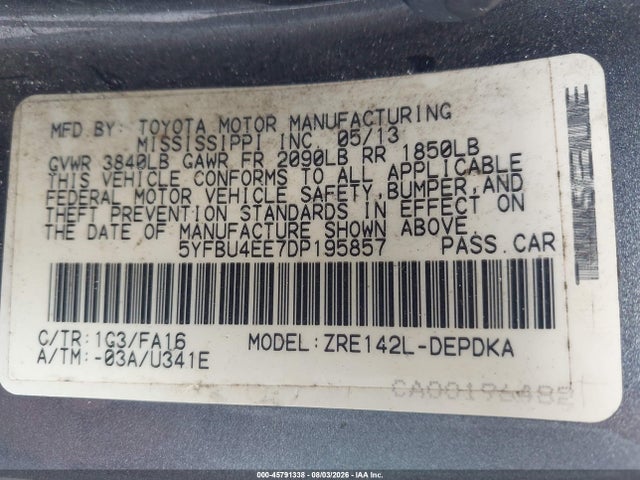 2013 Toyota Corolla L მანქანა იყიდება აუქციონზე, vin: 5YFBU4EE7DP195857, აუქციონის ნომერი: 45791338