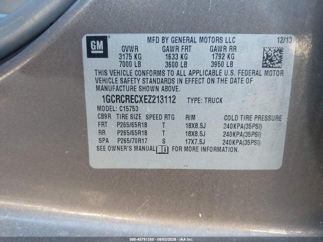45791350 :رقم المزاد ، 1GCRCRECXEZ213112 vin ، 2014 Chevrolet Silverado 1500 1lt مزاد بيع