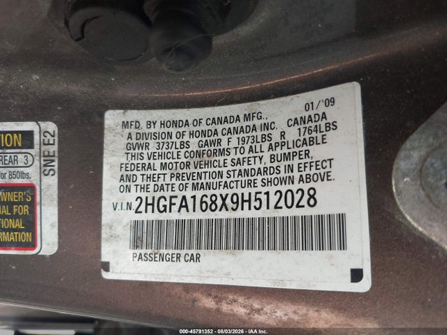 Auction sale of the 2009 Honda Civic Ex, vin: 2HGFA168X9H512028, lot number: 45791352