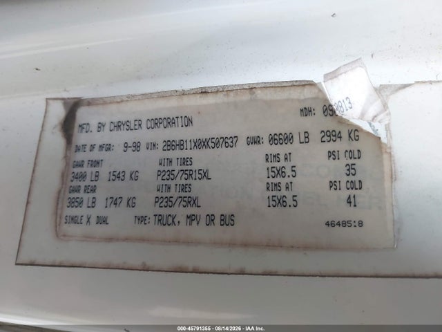 Продаж на аукціоні авто 1999 Dodge Ram Van 1500 Commercial/conversion, vin: 2B6HB11X0XK507637, номер лоту: 45791355