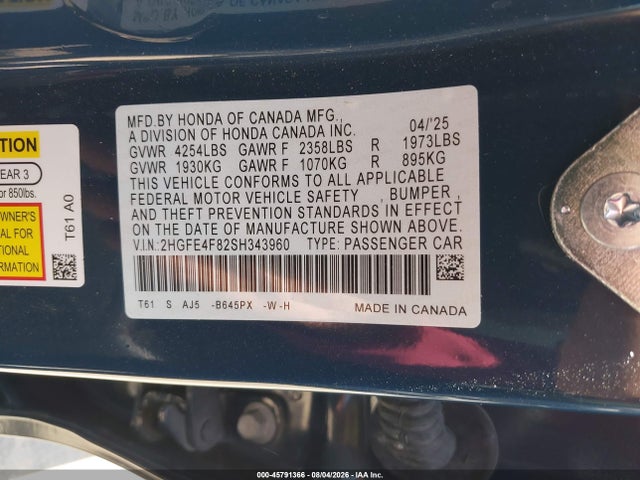 45791366 :رقم المزاد ، 2HGFE4F82SH343960 vin ، 2025 Honda Civic Hybrid Sport/sport Touring مزاد بيع