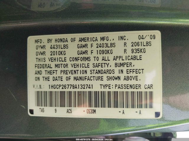 Продажа на аукционе авто 2009 Honda Accord 2.4 Ex, vin: 1HGCP26779A132741, номер лота: 45791378