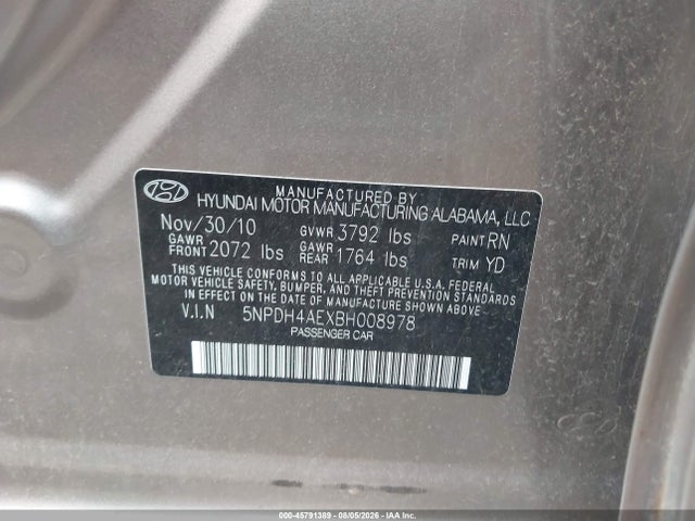 Продажа на аукционе авто 2011 Hyundai Elantra Gls, vin: 5NPDH4AEXBH008978, номер лота: 45791389
