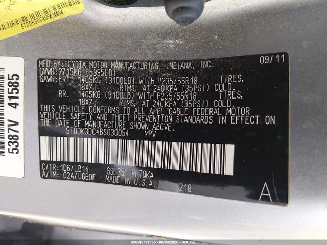 Aukcja sprzedaży 2011 Toyota Sienna Xle, vin: 5TDDK3DC4BS030054, numer aukcji: 45791395