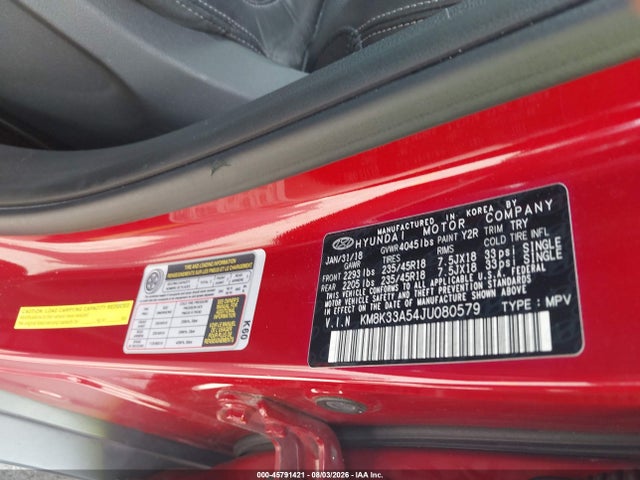2018 Hyundai Kona Limited მანქანა იყიდება აუქციონზე, vin: KM8K33A54JU080579, აუქციონის ნომერი: 45791421