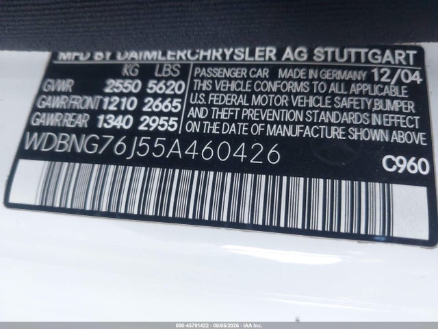 Aukcja sprzedaży 2005 Mercedes-benz S 600, vin: WDBNG76J55A460426, numer aukcji: 45791422
