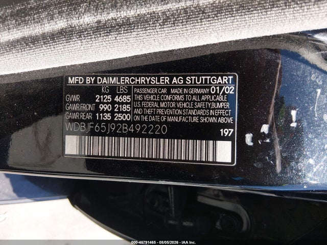 Продаж на аукціоні авто 2002 Mercedes-benz E 320 Special Edition, vin: WDBJF65J92B492220, номер лоту: 45791465