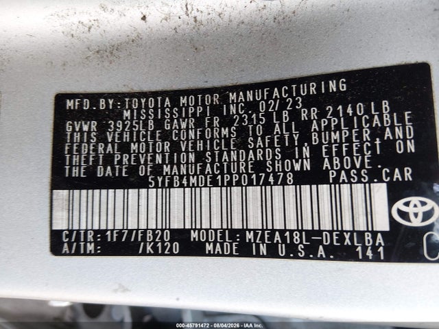 5YFB4MDE1PP017478 Toyota COROLLA LE