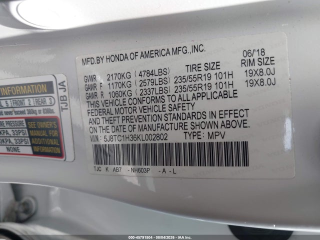 2019 Acura Rdx Standard მანქანა იყიდება აუქციონზე, vin: 5J8TC1H36KL002802, აუქციონის ნომერი: 45791504