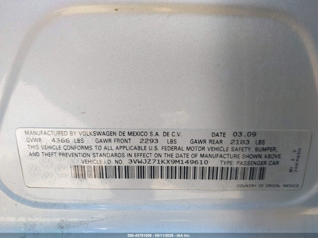 Aukcja sprzedaży 2009 Volkswagen Jetta S, vin: 3VWJZ71KX9M149610, numer aukcji: 45791509
