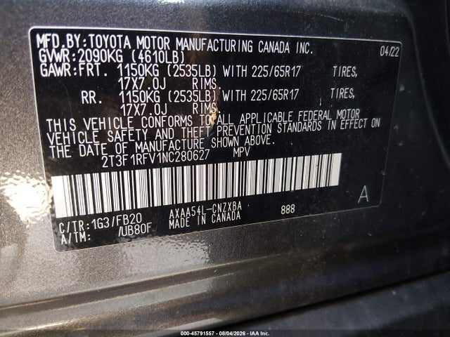 Aukcja sprzedaży 2022 Toyota Rav4 Le, vin: 2T3F1RFV1NC280627, numer aukcji: 45791557