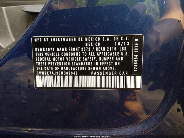2014 Volkswagen Jetta 2.0l S მანქანა იყიდება აუქციონზე, vin: 3VW2K7AJ3EM382948, აუქციონის ნომერი: 45791566