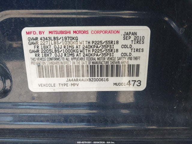 2011 Mitsubishi Outlander Sport Se მანქანა იყიდება აუქციონზე, vin: JA4AR4AUXBZ000616, აუქციონის ნომერი: 45791581