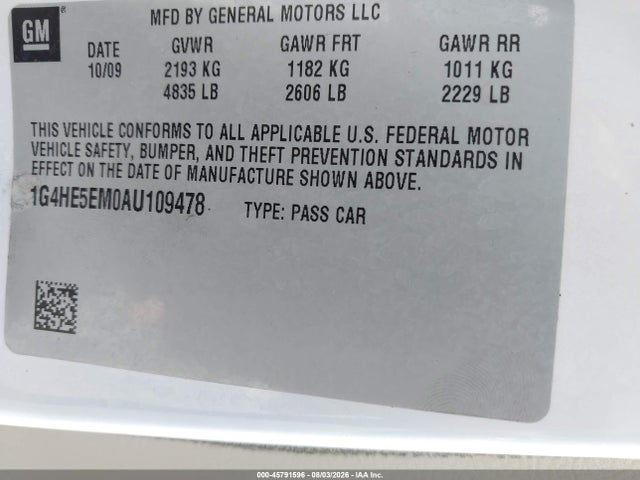 45791596 :رقم المزاد ، 1G4HE5EM0AU109478 vin ، 2010 Buick Lucerne Cxl-3 مزاد بيع