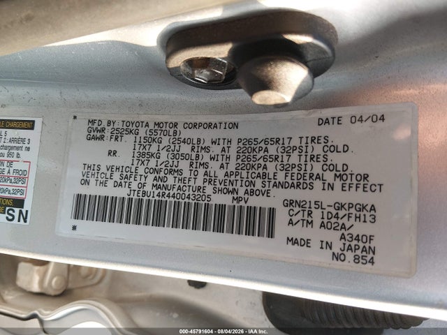 Aukcja sprzedaży 2004 Toyota 4runner Sr5 Sport V6, vin: JTEBU14R440043205, numer aukcji: 45791604