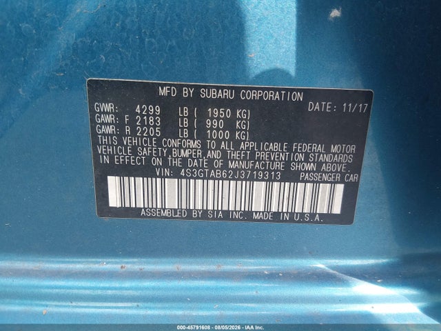 2018 Subaru Impreza 2.0i Premium მანქანა იყიდება აუქციონზე, vin: 4S3GTAB62J3719313, აუქციონის ნომერი: 45791608