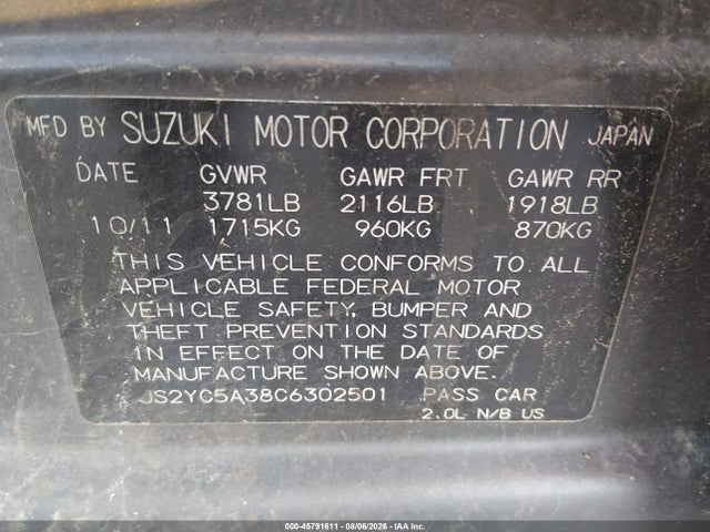 Продажа на аукционе авто 2012 Suzuki Sx4 Le/le Popular, vin: JS2YC5A38C6302501, номер лота: 45791611