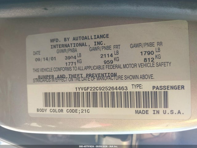 Aukcja sprzedaży 2002 Mazda 626 Lx, vin: 1YVGF22C925264463, numer aukcji: 45791624