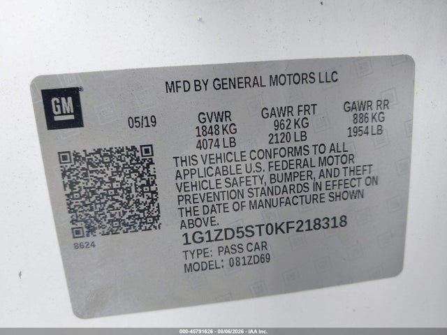 Aukcja sprzedaży 2019 Chevrolet Malibu Lt, vin: 1G1ZD5ST0KF218318, numer aukcji: 45791626