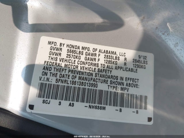 Aukcja sprzedaży 2003 Honda Odyssey Ex, vin: 5FNRL18613B013990, numer aukcji: 45791628
