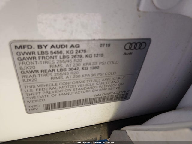 45791632 :رقم المزاد ، WA1CNAFY4J2217830 vin ، 2018 Audi Q5 2.0t Premium/2.0t Tech Premium مزاد بيع