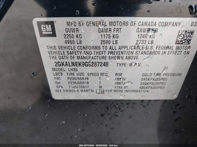 45791645 :رقم المزاد ، 2GKALNEK9G6287248 vin ، 2016 Gmc Terrain Sle-2 مزاد بيع