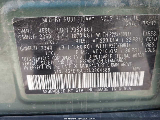 45791646 :رقم المزاد ، 4S4BRBCC4D3204588 vin ، 2013 Subaru Outback 2.5i Premium مزاد بيع