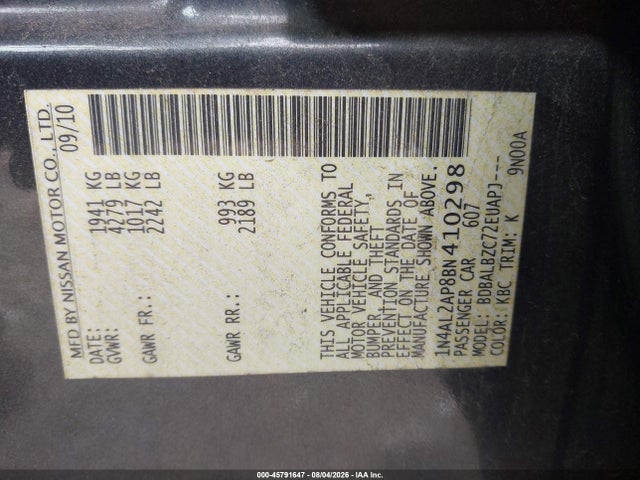 45791647 :رقم المزاد ، 1N4AL2AP8BN410298 vin ، 2011 Nissan Altima 2.5 S مزاد بيع