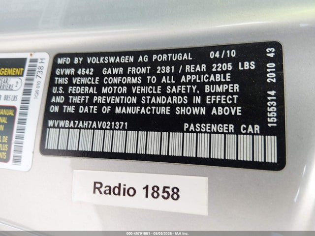 Продажа на аукционе авто 2010 Volkswagen Eos Komfort, vin: WVWBA7AH7AV021371, номер лота: 45791651