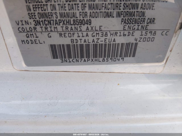 2017 Nissan Versa 1.6 S+ მანქანა იყიდება აუქციონზე, vin: 3N1CN7APXHL859049, აუქციონის ნომერი: 45791657