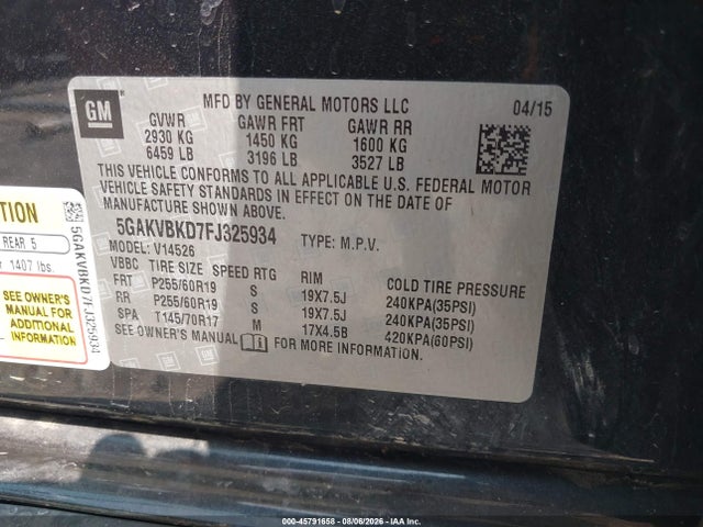 Aukcja sprzedaży 2015 Buick Enclave Leather, vin: 5GAKVBKD7FJ325934, numer aukcji: 45791658