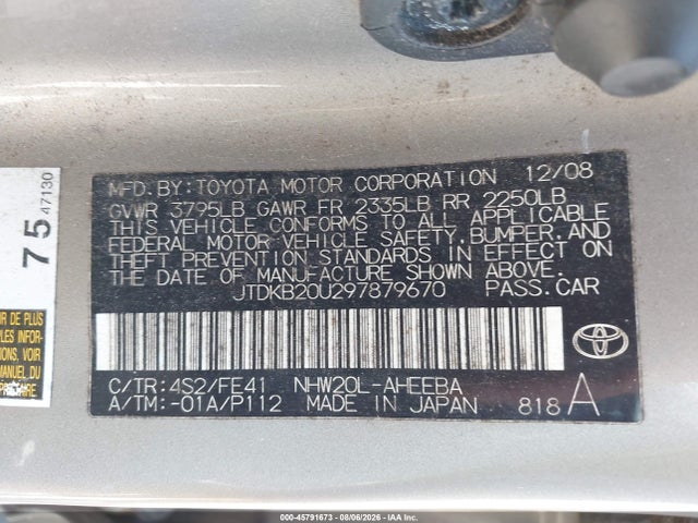 45791673 :رقم المزاد ، JTDKB20U297879670 vin ، 2009 Toyota Prius مزاد بيع