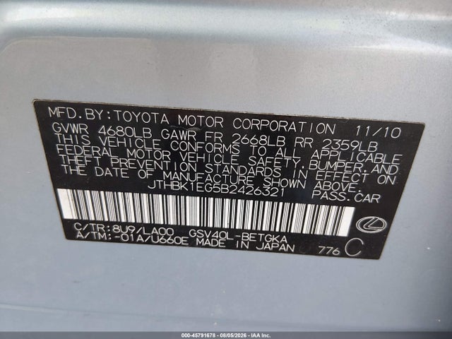 Aukcja sprzedaży 2011 Lexus Es 350, vin: JTHBK1EG5B2426321, numer aukcji: 45791678
