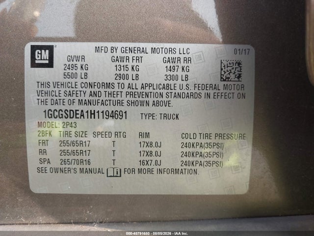 45791680 :رقم المزاد ، 1GCGSDEA1H1194691 vin ، 2017 Chevrolet Colorado 2wd Z71 مزاد بيع
